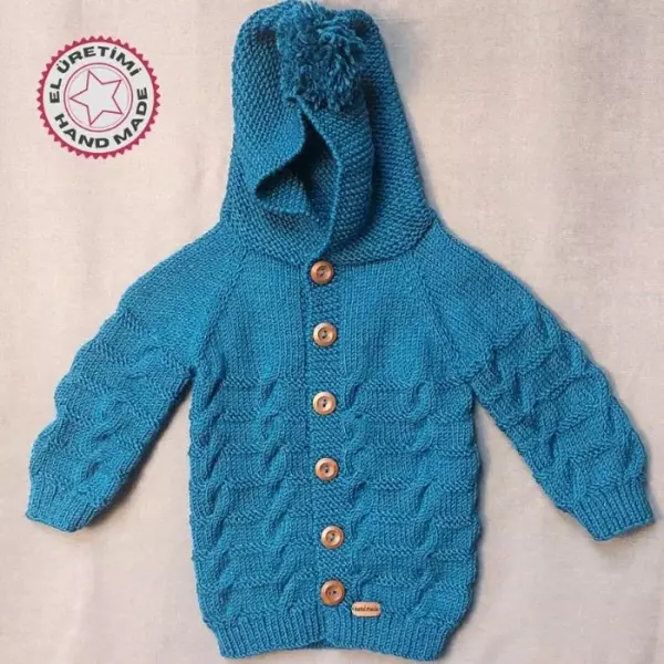 Uretti - Talia 8659 7872 El Örgüsü Mavi Kapüşonlu Erkek Çocuk Hırka - 2 / 3 Yaş - Image 1