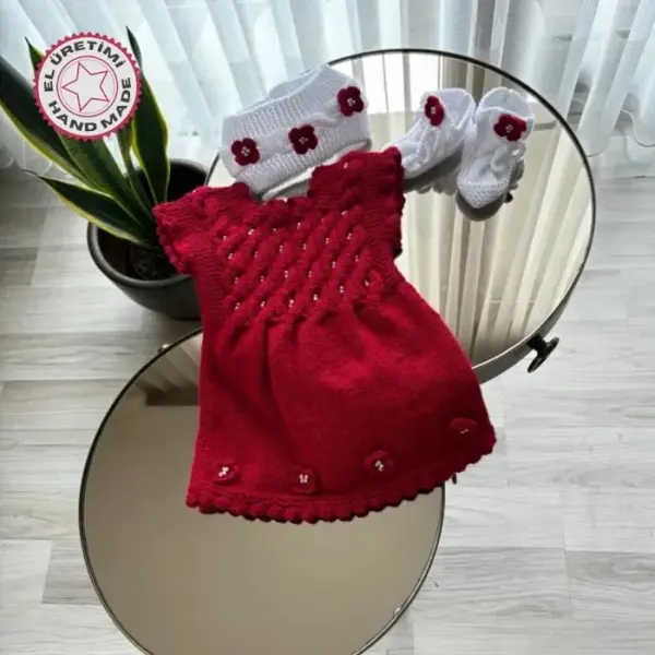 Uretti - Talia 8659 8853 El Örgüsü Kız Çocuk Elbise - Bandana - Patik Üçlü Takım - 0 / 9 Ay - Image 1