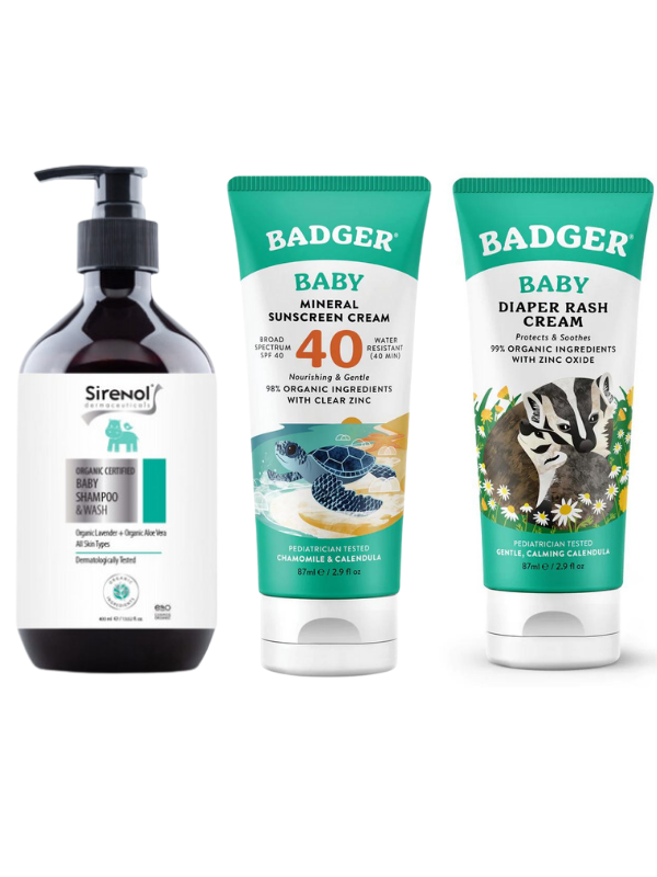 Badger Organik Bebek Güneş Kremi, Pişik Kremi ve Sirenol Organik Bebek Saç Vücut Şampuanı Set 400 mL / 87 mL / 87 mL - Image 1