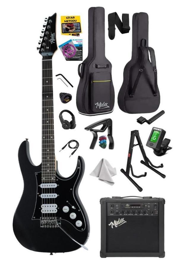 Midex RPH-320BK-25AMP Siyah Renk Super Strat Kasa HSS 25W Amfili Elektro Gitar Seti - Image 1
