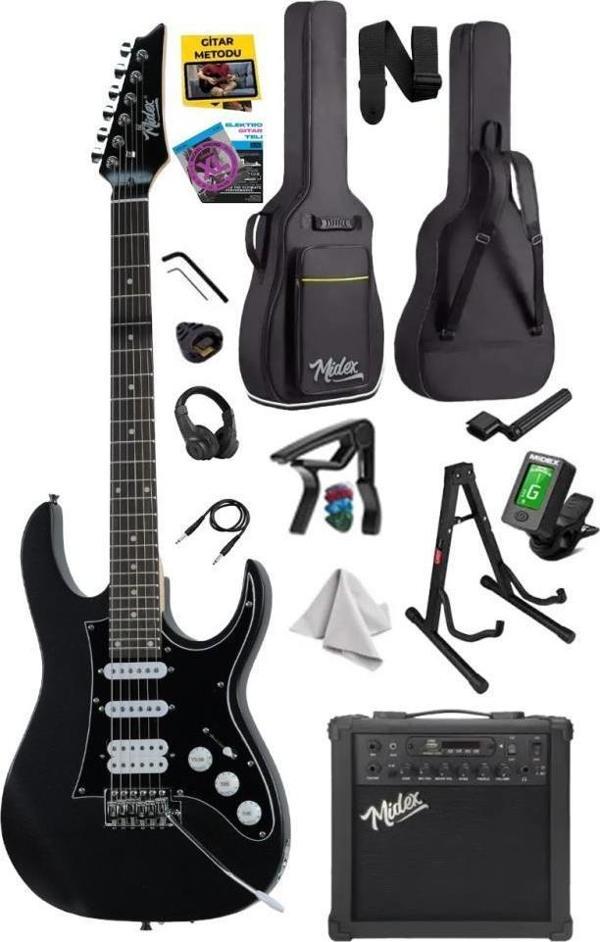 Midex RPH-320BK-25AMP Siyah Renk Super Strat Kasa HSS 25W Amfili Elektro Gitar Seti - Image 1