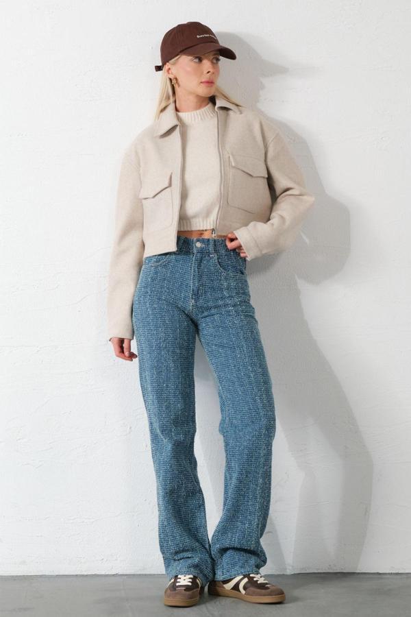 YÜksek Bel boru paça jean Boot Cut Bukle Efekt Punch Crafted Kadın Kot Pantolon
 - Image 1