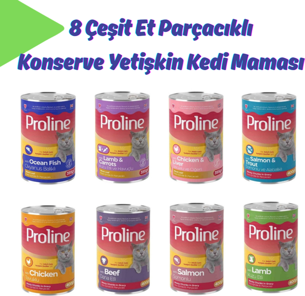 Proline 8 Çeşit Et Parçacıklı Konserve Yetişkin Kedi Maması (Toplam 8 Adet) - Image 1