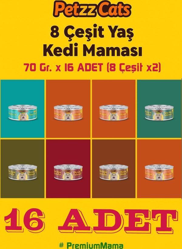 Premium PettzCat Kedi Konserve Yaş Mama 70 Gr. 8 Çeşit (8x2 adet) Her Çeşitten 2 Adet, Toplam 16 Kutu - Image 1