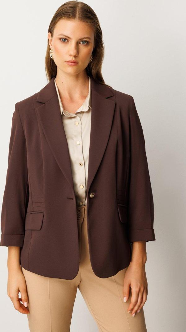 Ekol Kadın Büyük Beden Kapak Cepli Tek Düğme Ceket 5503 Kahverengi - Image 1