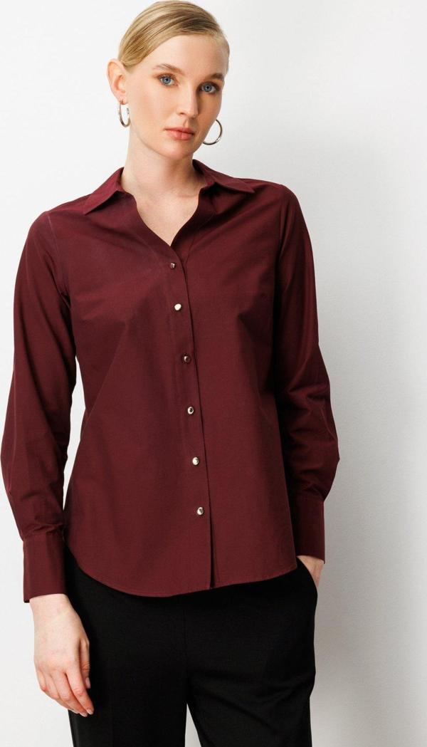 Ekol Kadın Polo Yaka Pamuklu Gömlek 3049 Bordo - Image 1