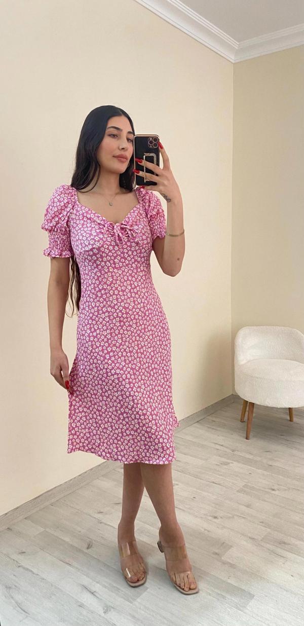 Kolu Gipeli Bürümcük Elbise Pembe Renk - Image 1