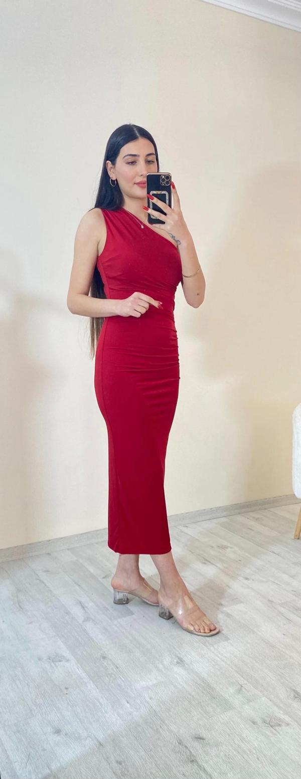 Sany Tek Omuz Yandan Büzgülü Elbise Kırmızı - Image 1