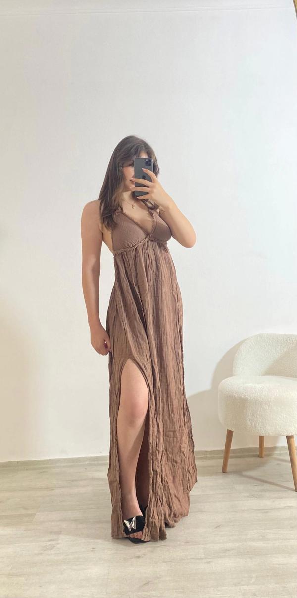 Askılı Yırtmaç Detaylı Yazlık Uzun Elbise Camel - Image 1