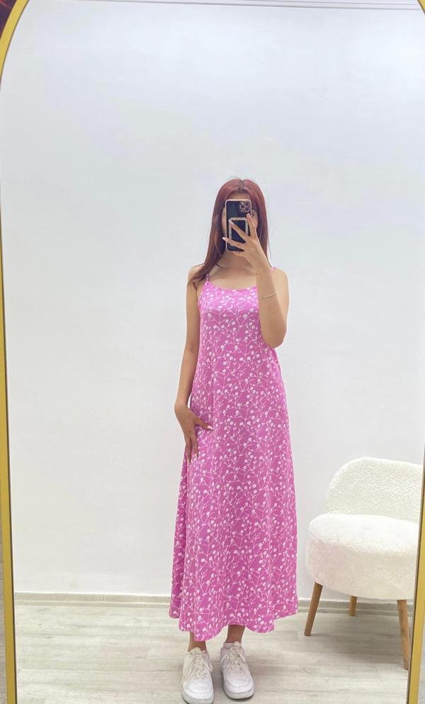 Askılı Çiçek Desenli Yazlık Elbise Pembe - Image 1