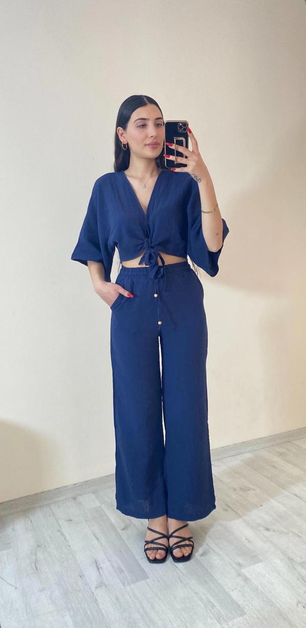 Lacivert Müslin İkili Takım – Bağlamalı Crop Üst & Yüksek Bel Pantolon Lacivert - Image 1
