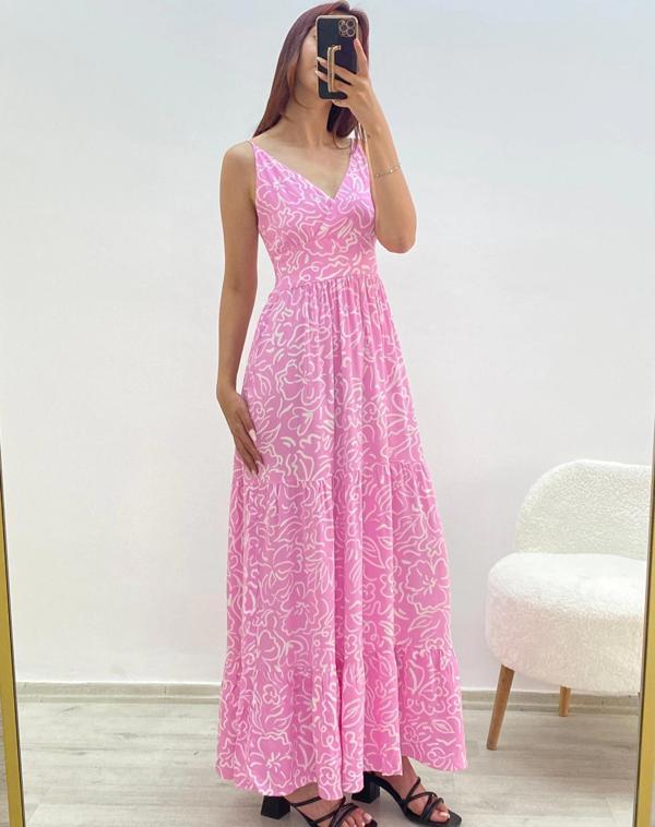 Askılı Belmando Desenli İp Askılı Elbise Pembe - Image 1