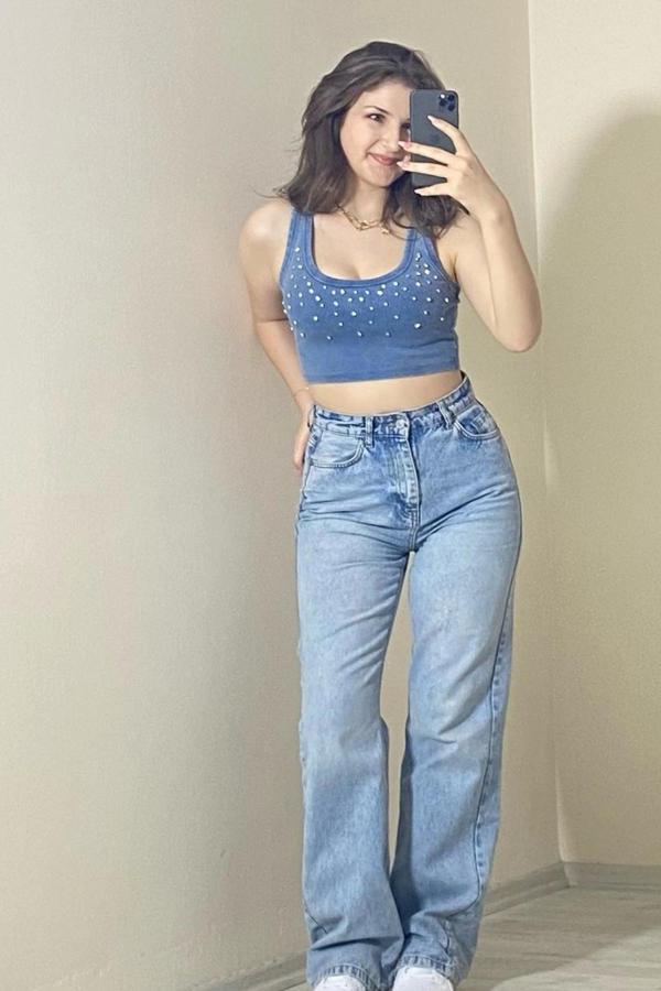 Taş Detaylı Kaşkorse Kumaş Crop Top Mavi - Image 1