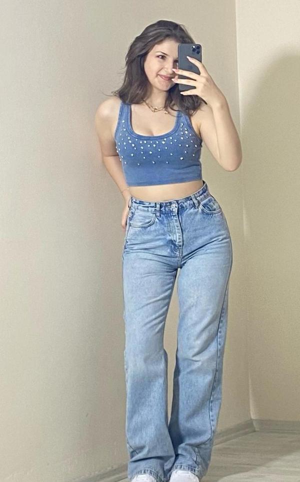 Taş Detaylı Kaşkorse Kumaş Crop Top Mavi - Image 1