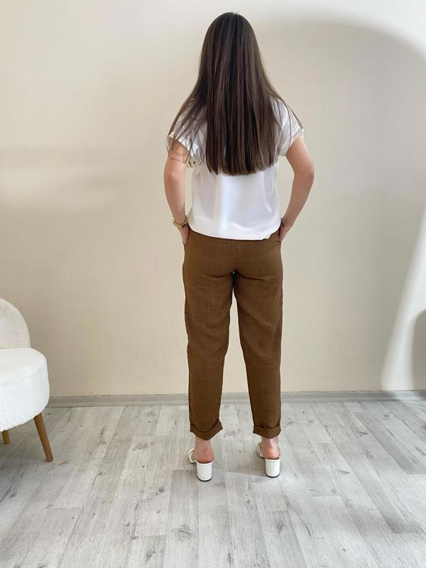 Flamalı Keten Duble Paça Pantolon Camel - Image 1