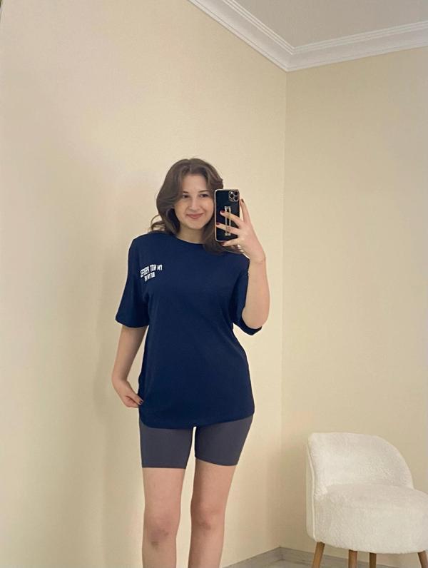 Baskılı Oversize Tişört Lacivert - Image 1