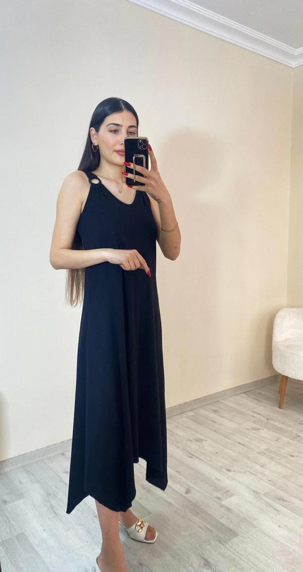 Süprem Halka Detaylı Askılı Elbise Siyah - Image 1