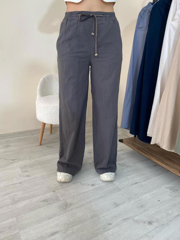 Keten Bol Paça Pantolon Füme - Image 1