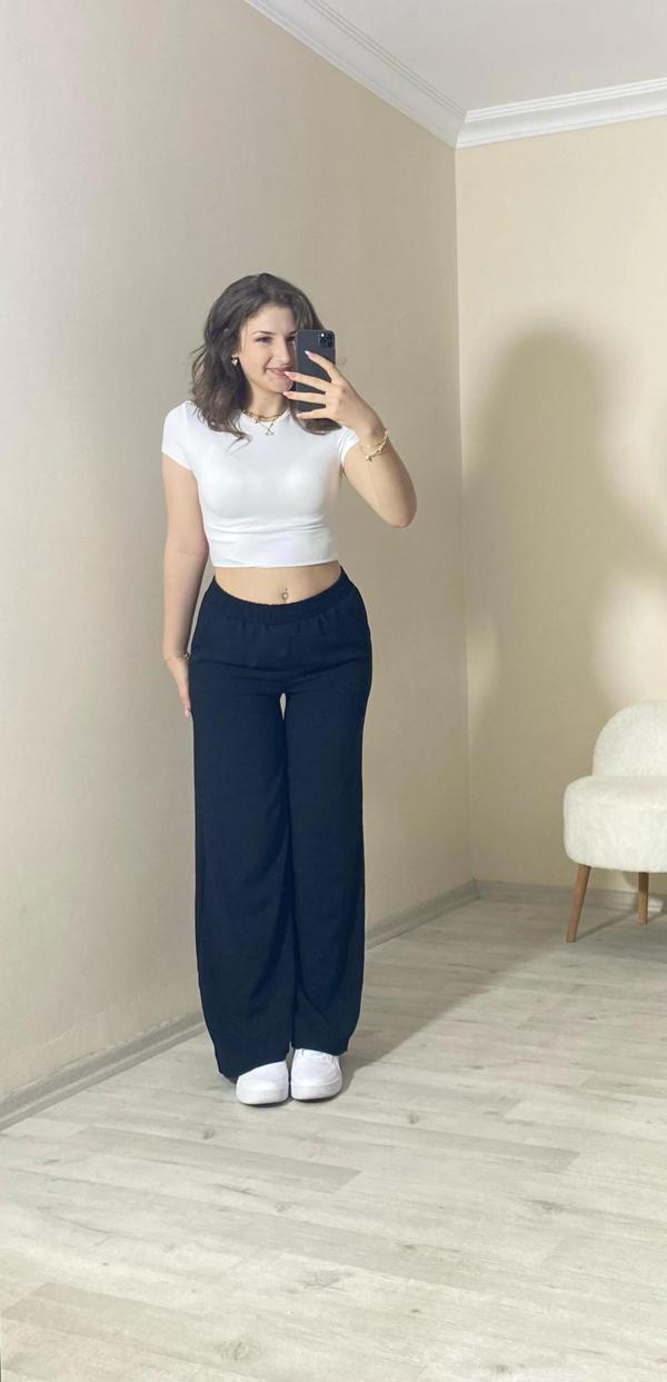 Yüksek Bel Beli Lastikli Bol Paça Pantolon – Siyah - Image 1