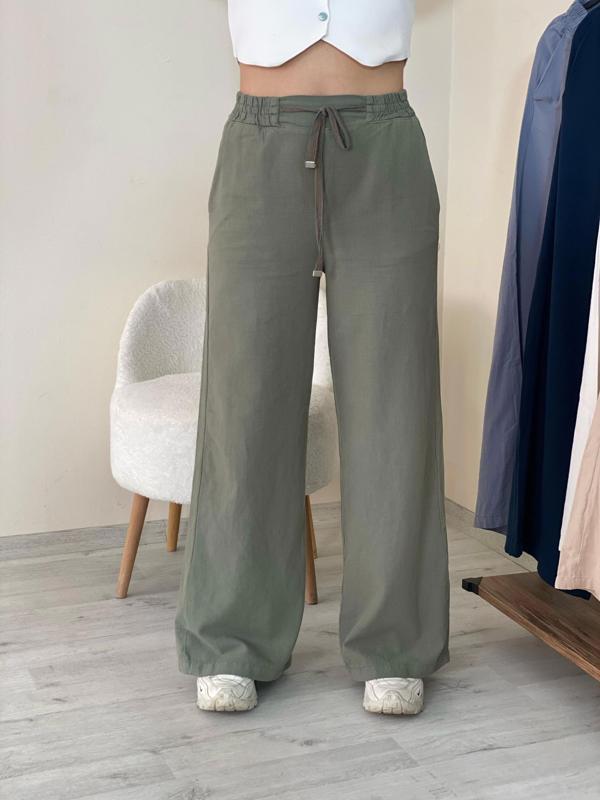 Keten Bol Paça Pantolon Haki - Image 1