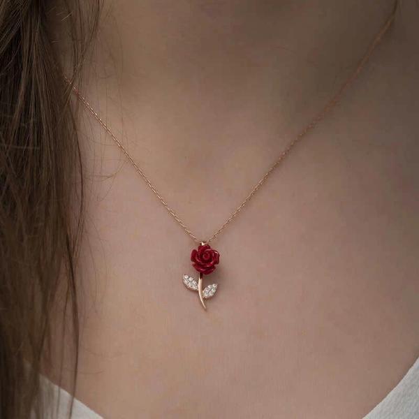 Supertrend ​gümüş Rose Kırmızı Gül Kolye - Image 1