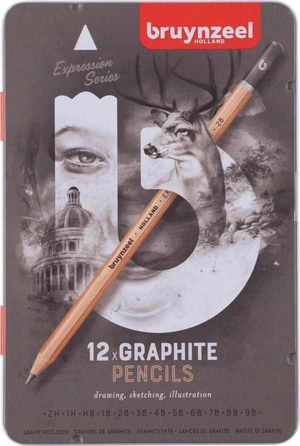 Bruynzeel Expression Graphite Dereceli Kalem Karakalem Eskiz Çizim Seti 12'li Metal Kutu - Image 1