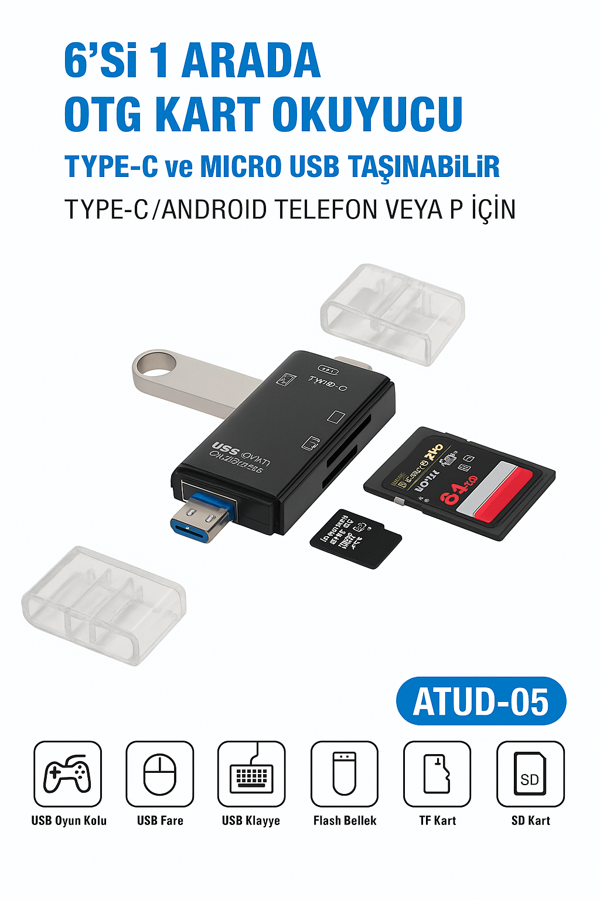 Çok Fonksiyonlu 6 in 1 OTG Kart Okuyucu – Telefon -Tablet PC Uyumlu - Image 1