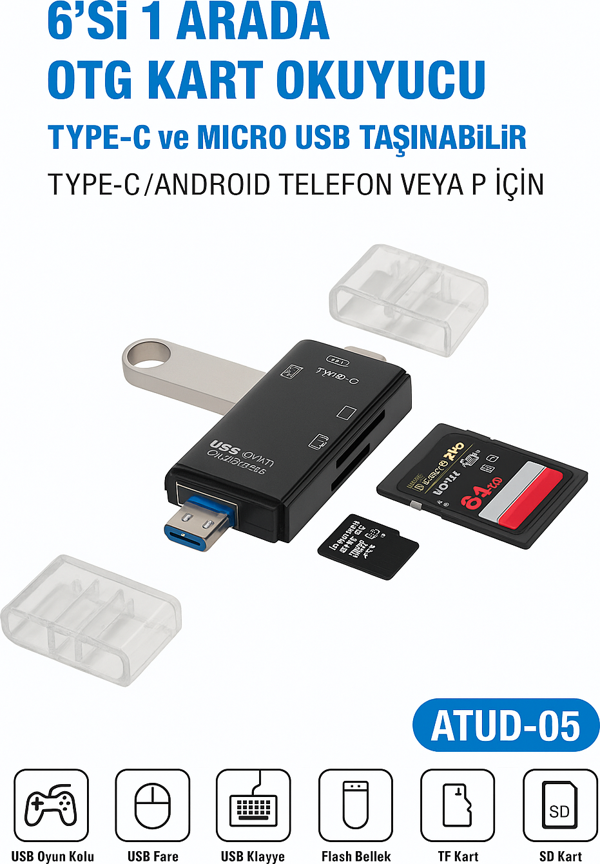 Çok Fonksiyonlu 6 in 1 OTG Kart Okuyucu – Telefon -Tablet PC Uyumlu - Image 1