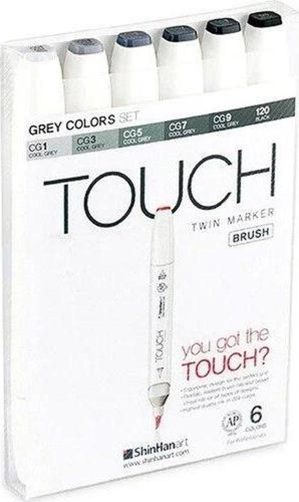 Touch Twin Brush Marker Fırça Uçlu Marker Seti 6 Renk GRİ TONLARI - Image 1