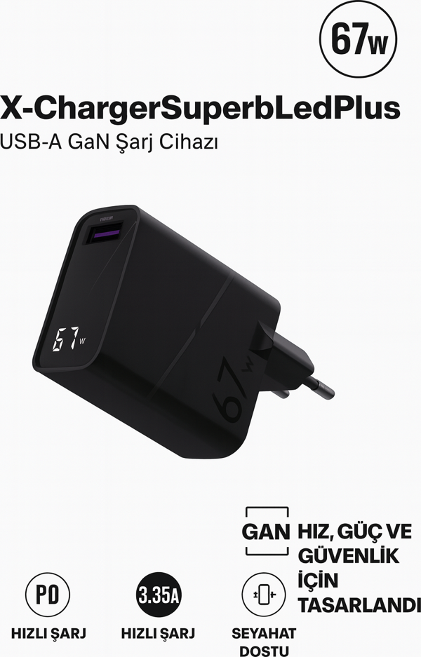 zGaN Teknolojili 67W USB-A Hızlı Şarj Başlığı – Güvenli ve Dayanıklı Led Göstergeli Adaptör - Image 1