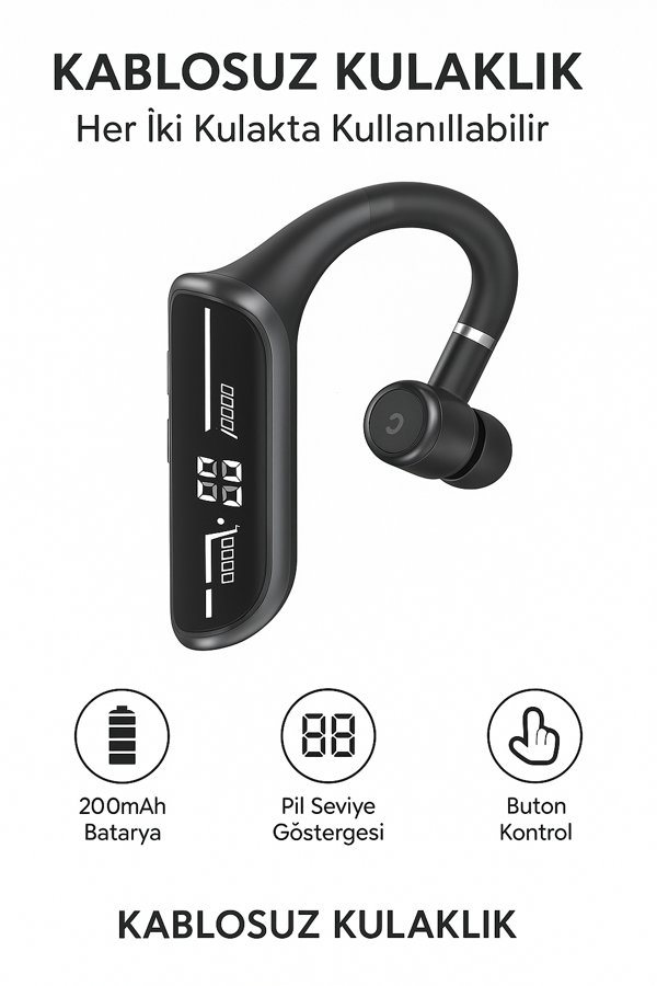Kablosuz Tekli Bluetooth Kulaklık Buton Kontrollü, Her İki Kulakta Kullanıma Uygun Göstergeli - Image 1