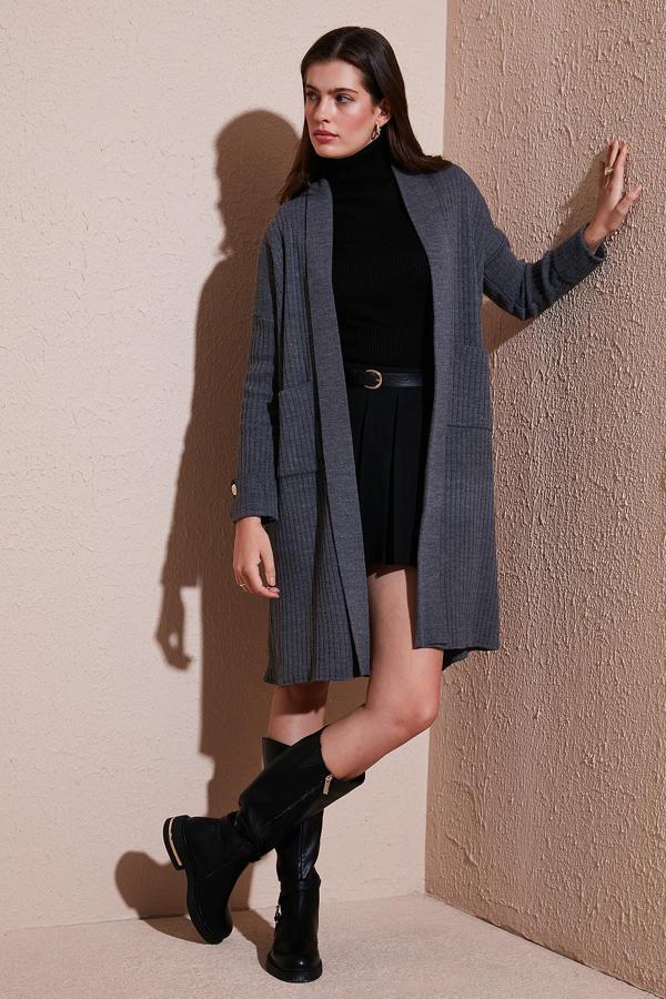 Lela % 100 Akrilik Triko Örme Uzun Bayan Hırka 4615212 ANTRASİT - Image 1