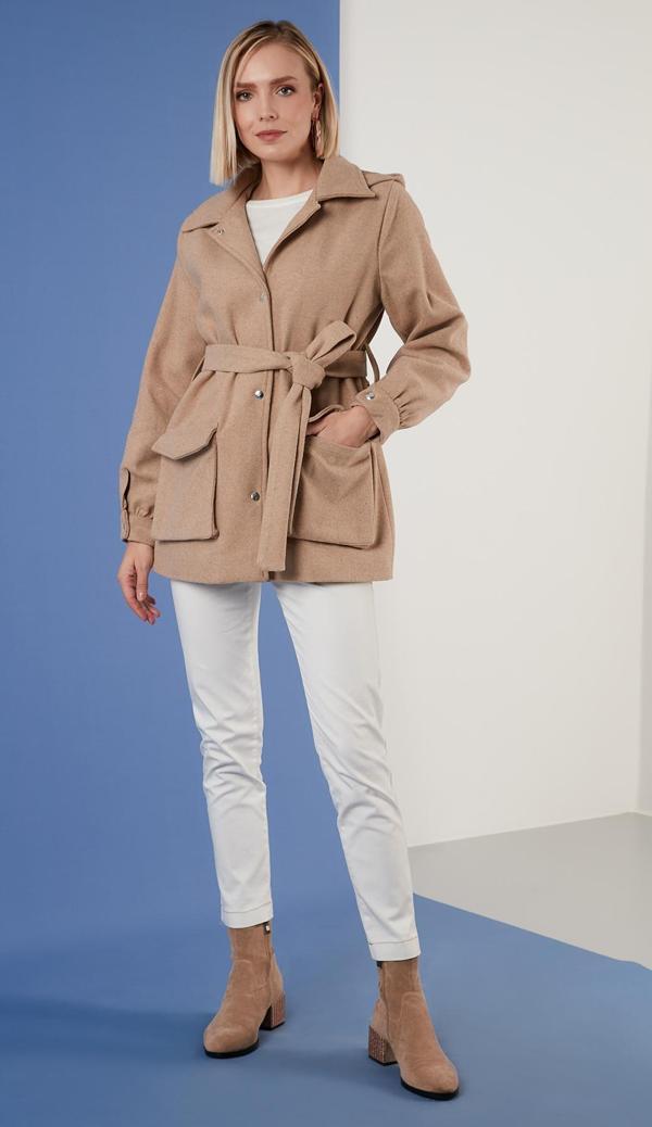 Lela Pamuklu Regular Fit Kemerli Kapüşonlu Bayan Kaban 6380057 KOYU VİZON - Image 1