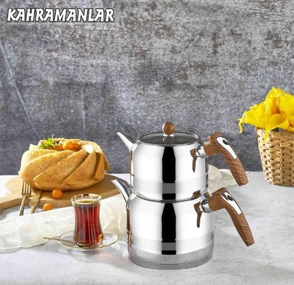 Kahramanlar Çelik Yağmur Orta Boy Çelik Çaydanlık Ahşap - Image 1