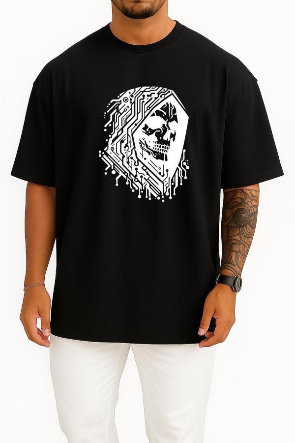 Oversize Hacker Skull Göğüs ve Sırt Tasarımlı Unisex T-Shirt - Image 1