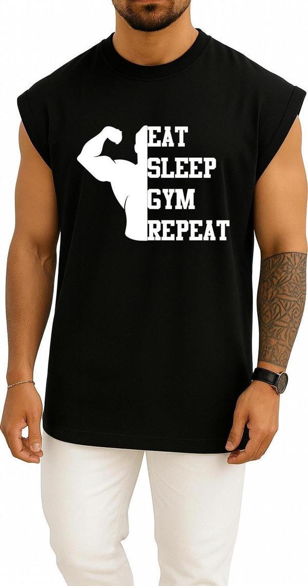 Oversize Eat Sleep Gym Repeat Göğüs Tasarımlı Atlet - Image 1
