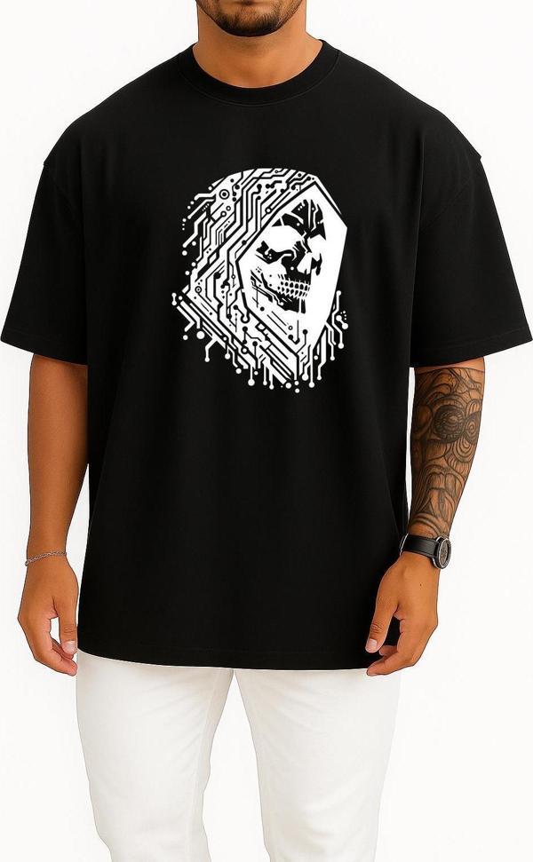 Oversize Hacker Skull Göğüs Tasarımlı Unisex T-Shirt - Image 1