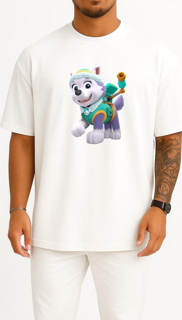 Oversize Siberian Husky Super Paw Patrol Adventure Göğüs Tasarımlı Unisex T-Shirt - Image 1