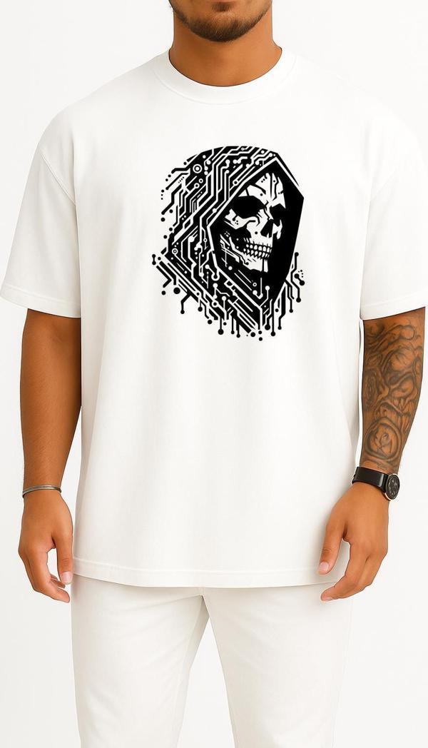 Oversize Hacker Skull Göğüs Tasarımlı Unisex T-Shirt - Image 1