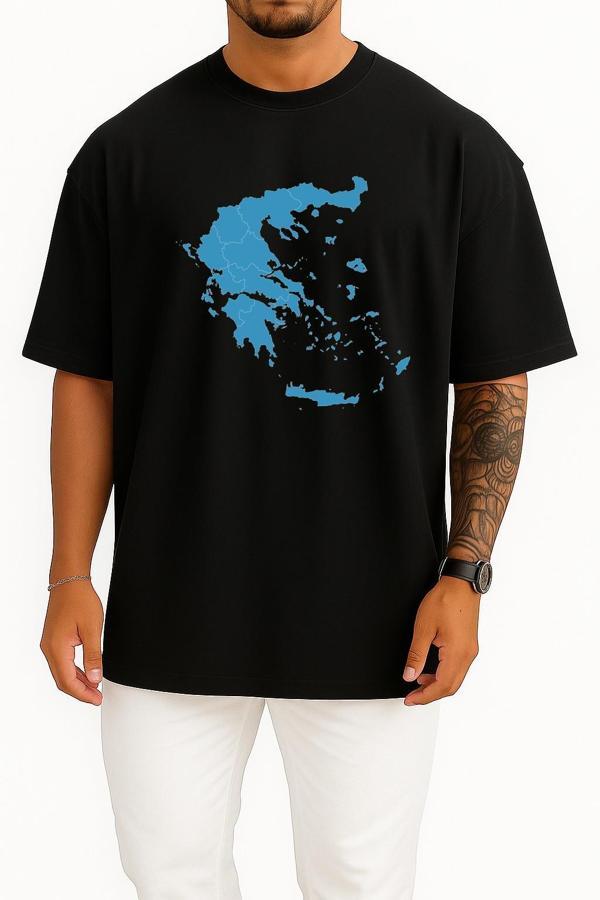 Oversize Yunanistan Haritası Ve Adalar Göğüs Tasarımlı Unisex T-Shirt - Image 1