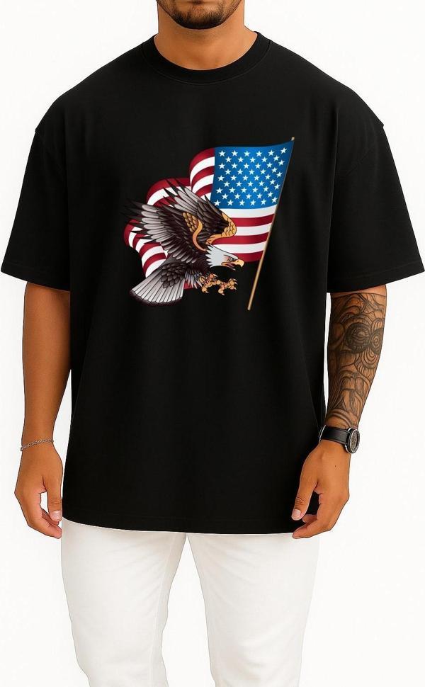 Oversize Flag Of United States And American Eagle Göğüs Tasarımlı Unisex T-Shirt - Image 1