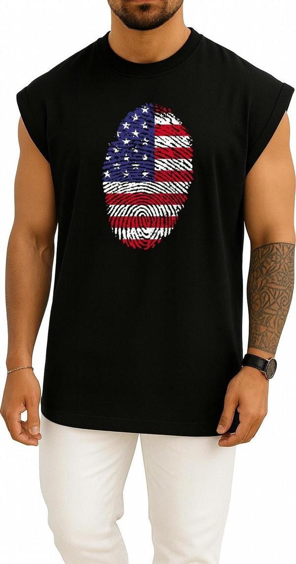 Oversize Amerika Birleşik Devletleri Parmak İzi Bayrak Göğüs Tasarımlı Atlet - Image 1