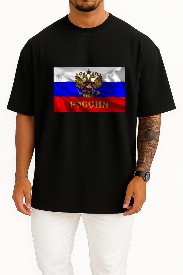 Oversize Russian Empire Flag Of Russia Coat Of Arms Of Russia Göğüs Tasarımlı Unisex T-Shirt - Image 1