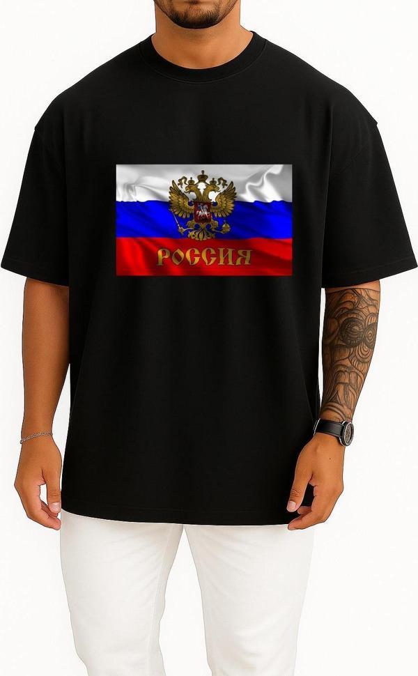 Oversize Russian Empire Flag Of Russia Coat Of Arms Of Russia Göğüs Tasarımlı Unisex T-Shirt - Image 1