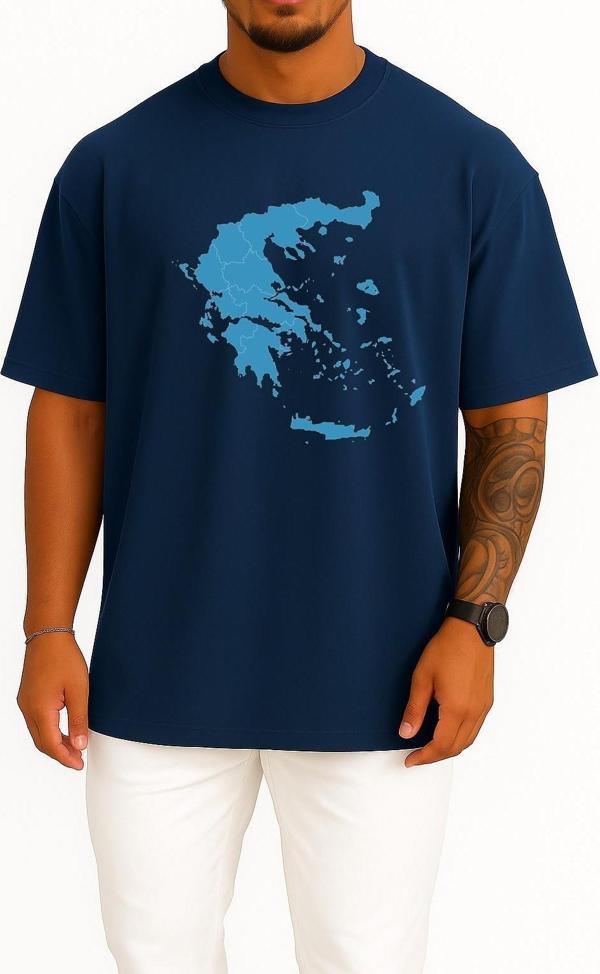 Oversize Yunanistan Haritası Ve Adalar Göğüs Tasarımlı Unisex T-Shirt - Image 1