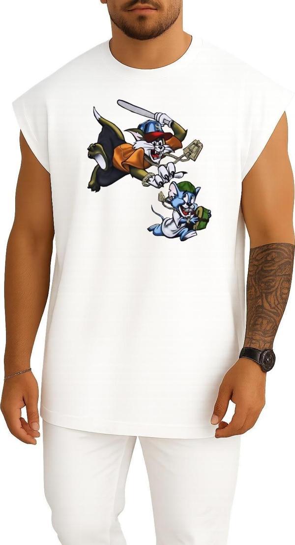 Oversize Erry Mouse Tom And Jerry Gangsta Rap Gangster Göğüs Tasarımlı Atlet - Image 1