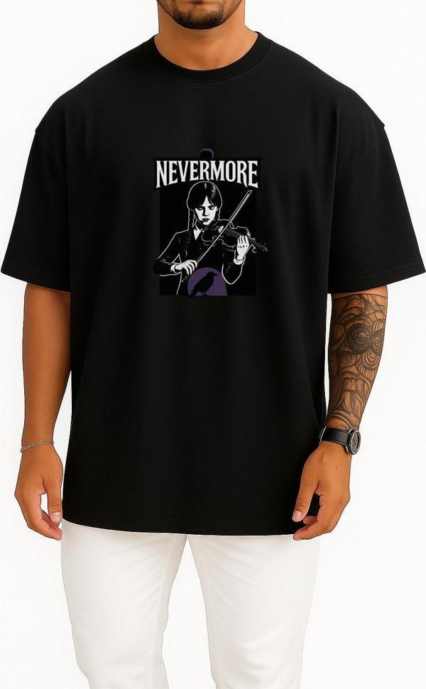 Oversize Wednesday Nevermore Göğüs Tasarımlı Unisex T-Shirt - Image 1