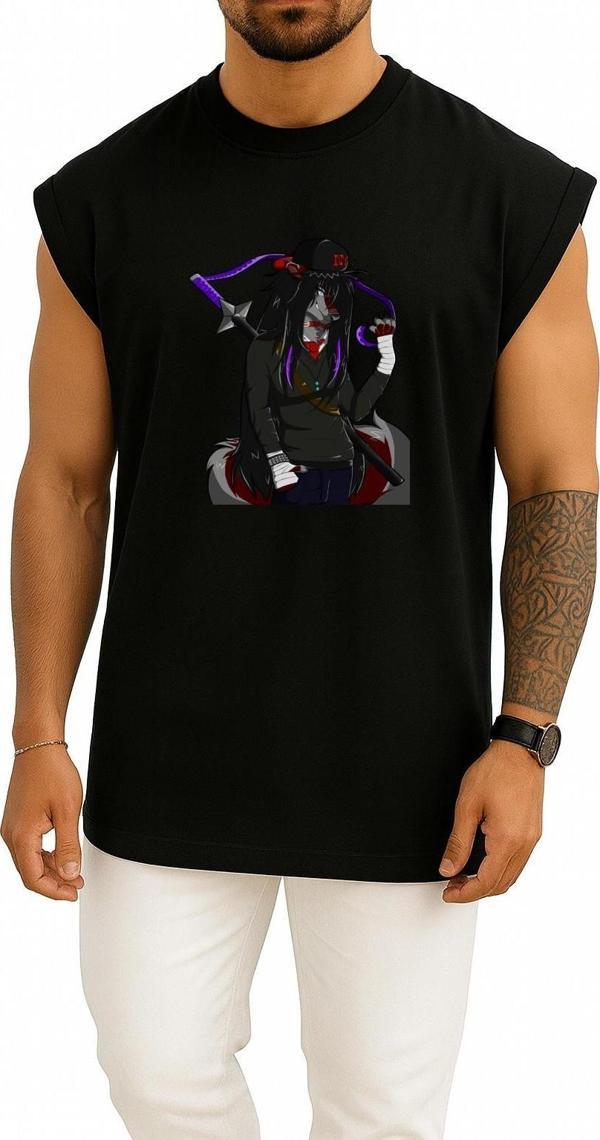 Oversize Gray Wolf Gangster Drawing Anime Göğüs Tasarımlı Atlet - Image 1