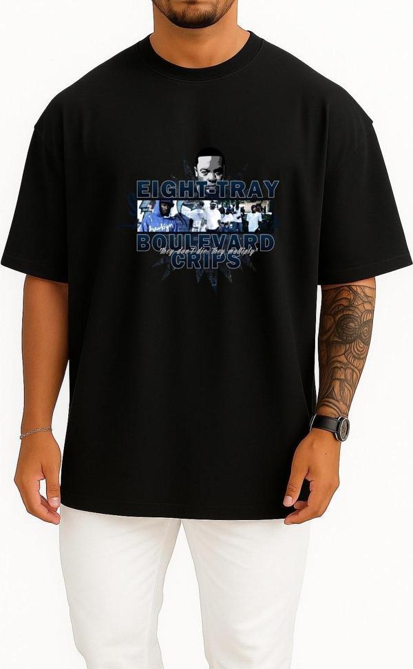 Oversize Eight - Tray Boulevard Crips Gangster Göğüs Tasarımlı Unisex T-Shirt - Image 1
