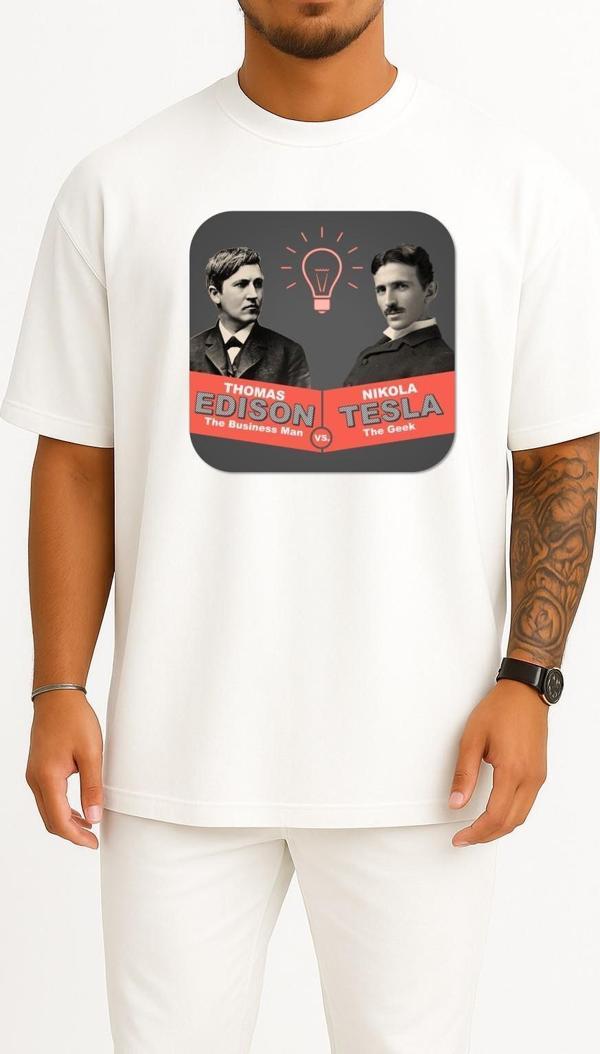 Oversize Nikola Tesla Thomas Edison War Of The Currents Göğüs Tasarımlı Unisex T-Shirt - Image 1